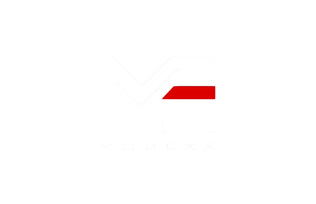Logo MUBEXX composé d'un 'M' géométrique stylisé blanc et d'un rectangle rouge, avec le nom de la marque en toutes lettres en dessous.